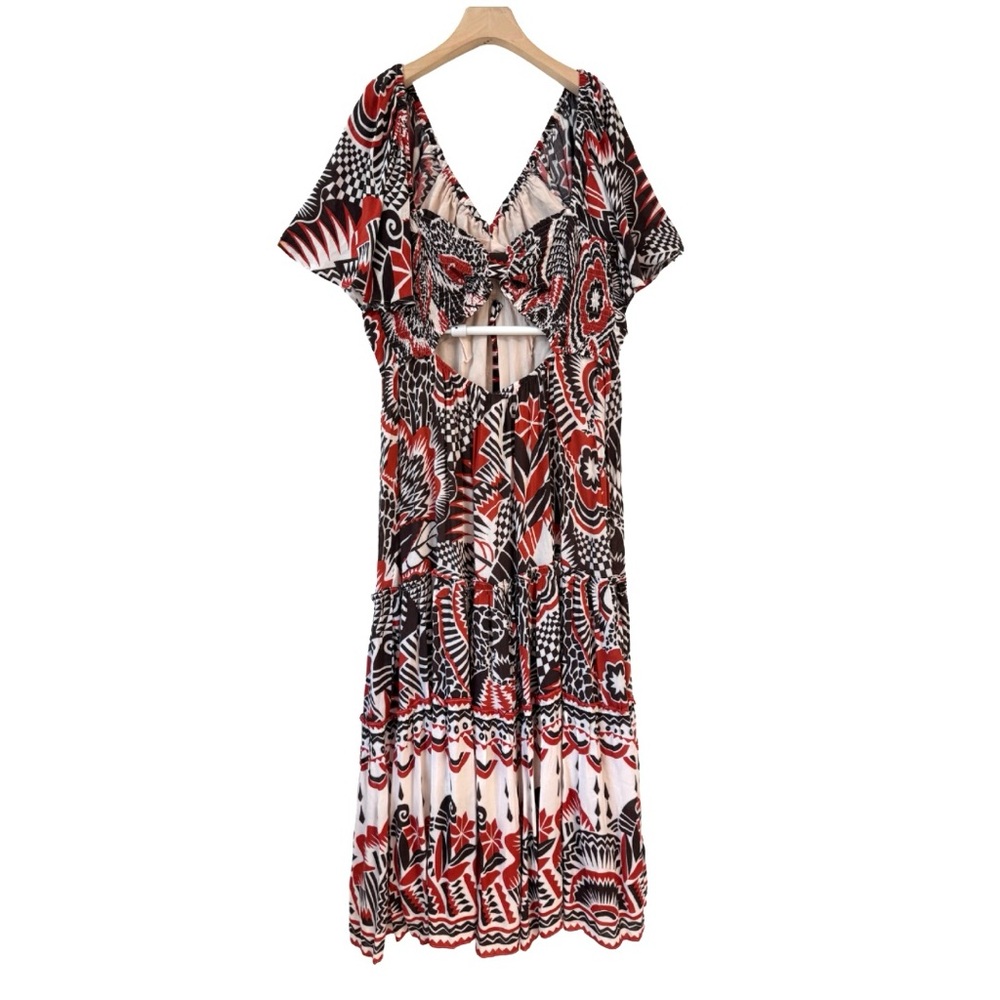 By Anthropologie XL Tiered Maxi Dress Red Pattern Short Sleeve V-Neck‎ Buttons - Picture 5 of 15